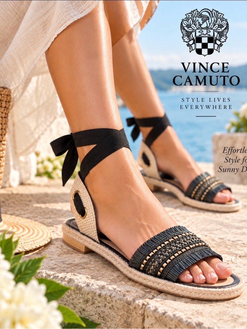 Vince Camuto Kimano Sandals Black Natural Gold Espadrille Ankle Wrap 8.5